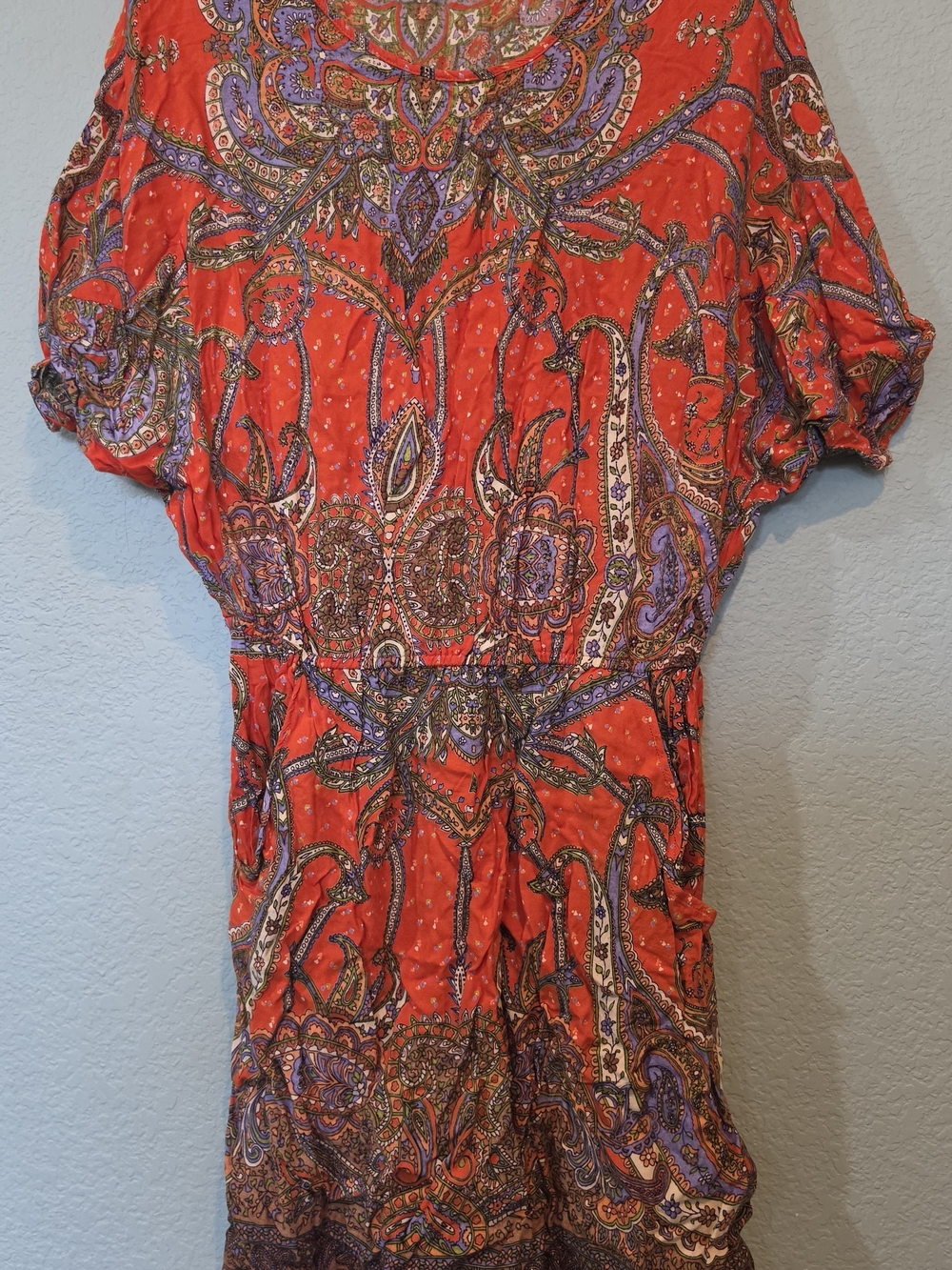 Angie Orange Paisley Kimono Sleeve Blouson Mini Dress Tunic Shirt Boho Sz Small